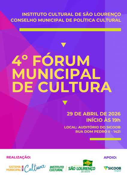 O ICSL, em parceria com o Conselho Municipal de Política Cultural, realizará, no dia 29 de abril, o 4º Fórum Municipal de Cultura